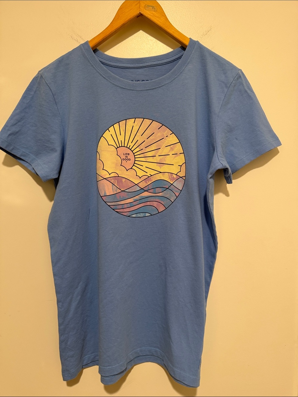 Life Is Good Blue Tee with Sunrise Graphic
